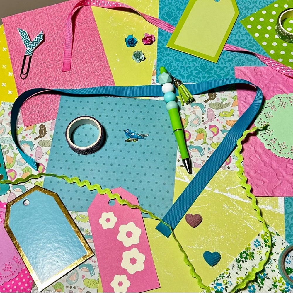Bright bird themed junk journal scrapbook kit with beaded pen